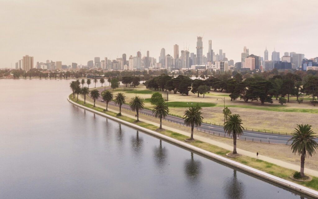 Aerial view of Albert Park Lake with city view