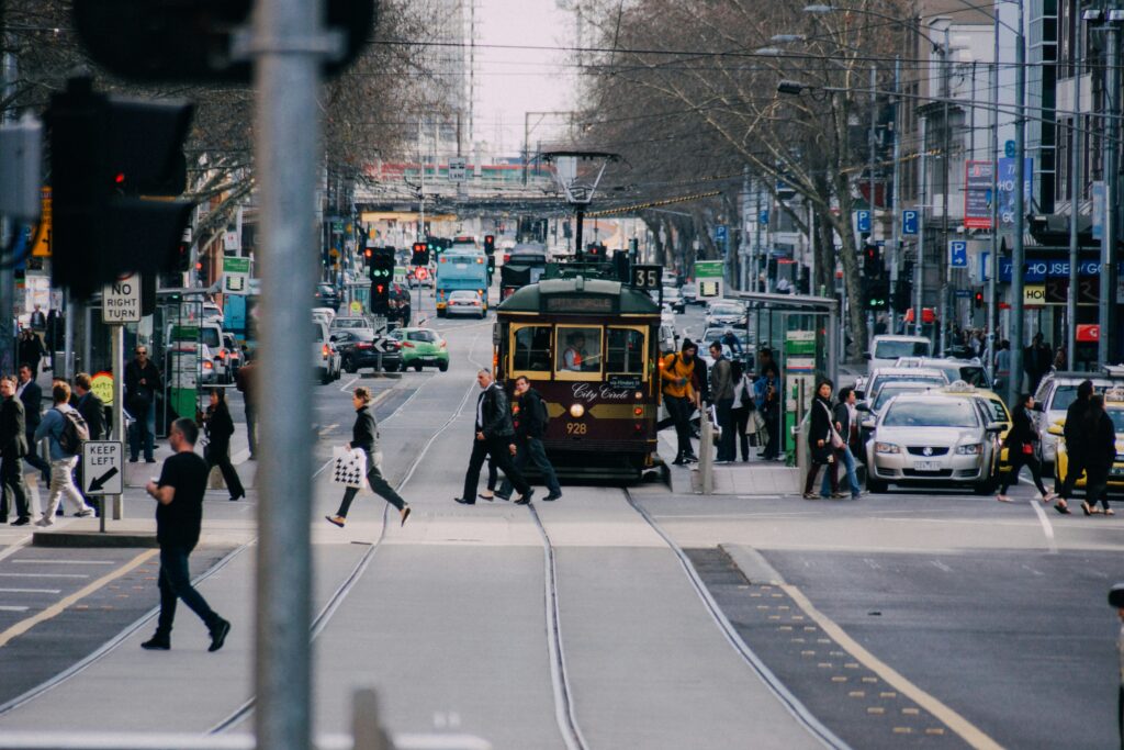 Melbourne street scape with historical city circle tram
