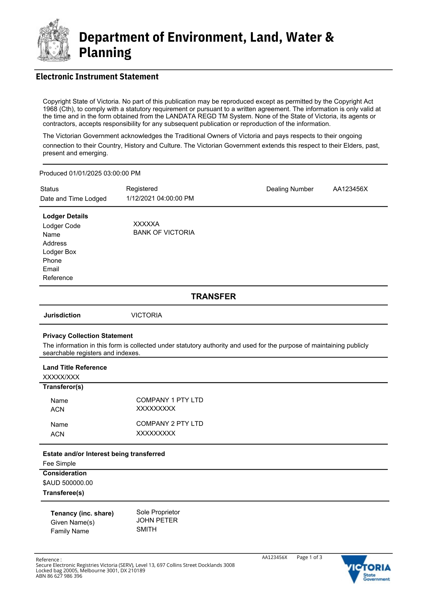 Electronic transfer instrument for land. Includes transferor details (Company 1 Pty Ltd and Company 2 Pty Ltd), transferee details, estate being transferred (Fee Simple), consideration of $AUD, and restrictive covenant details with expiry date