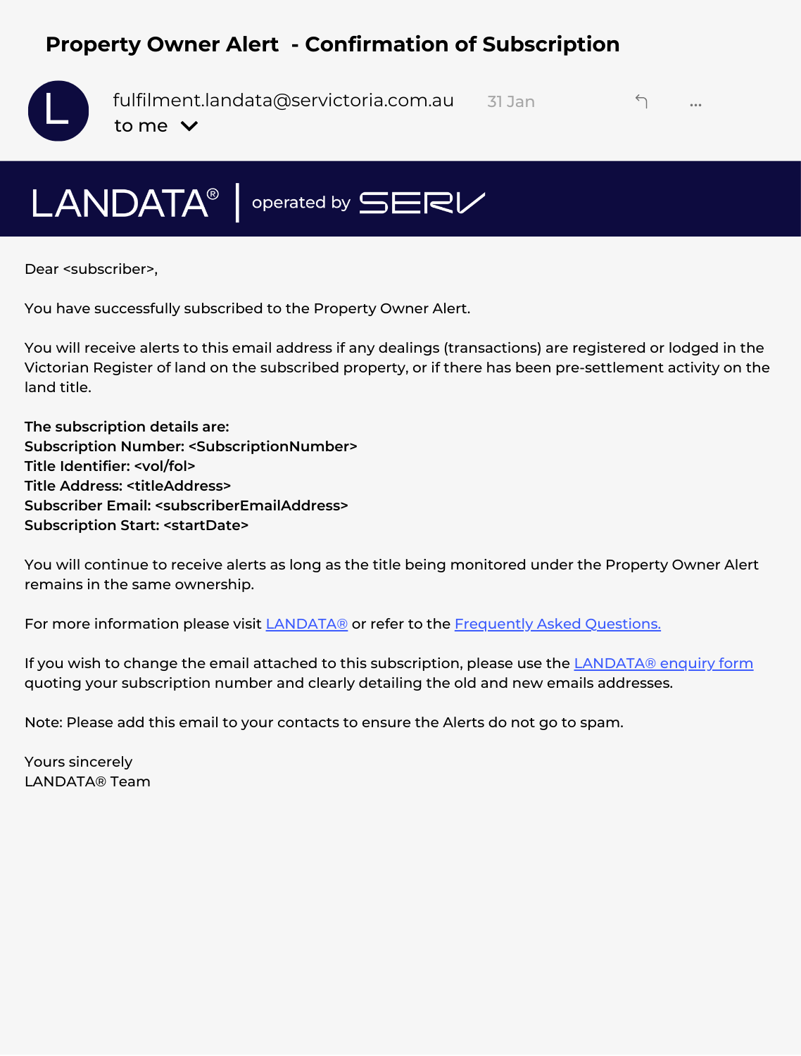 Confirmation of Subscription for the Property Owner Alert