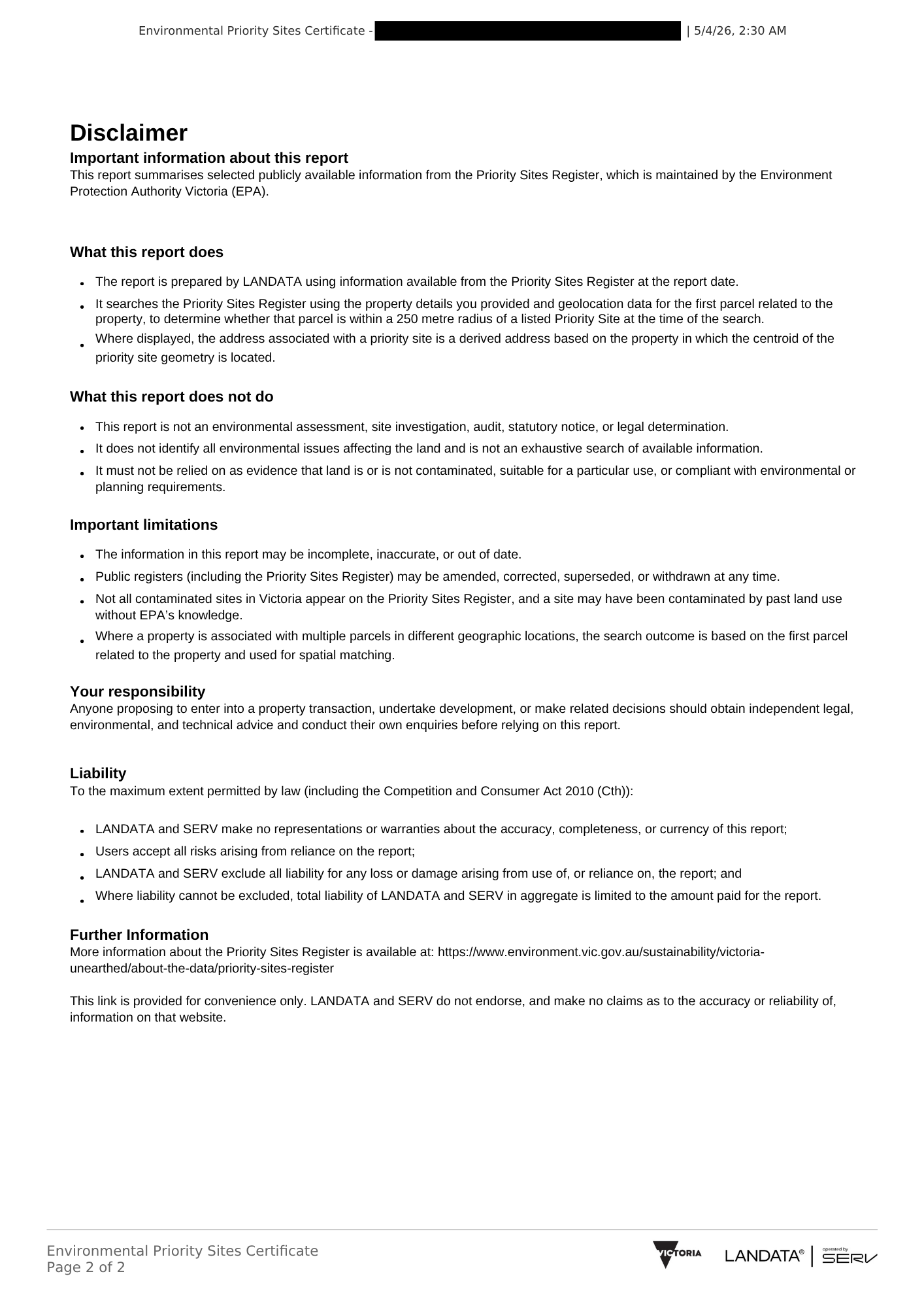 Environmental Priority Sites Certificate disclaimer