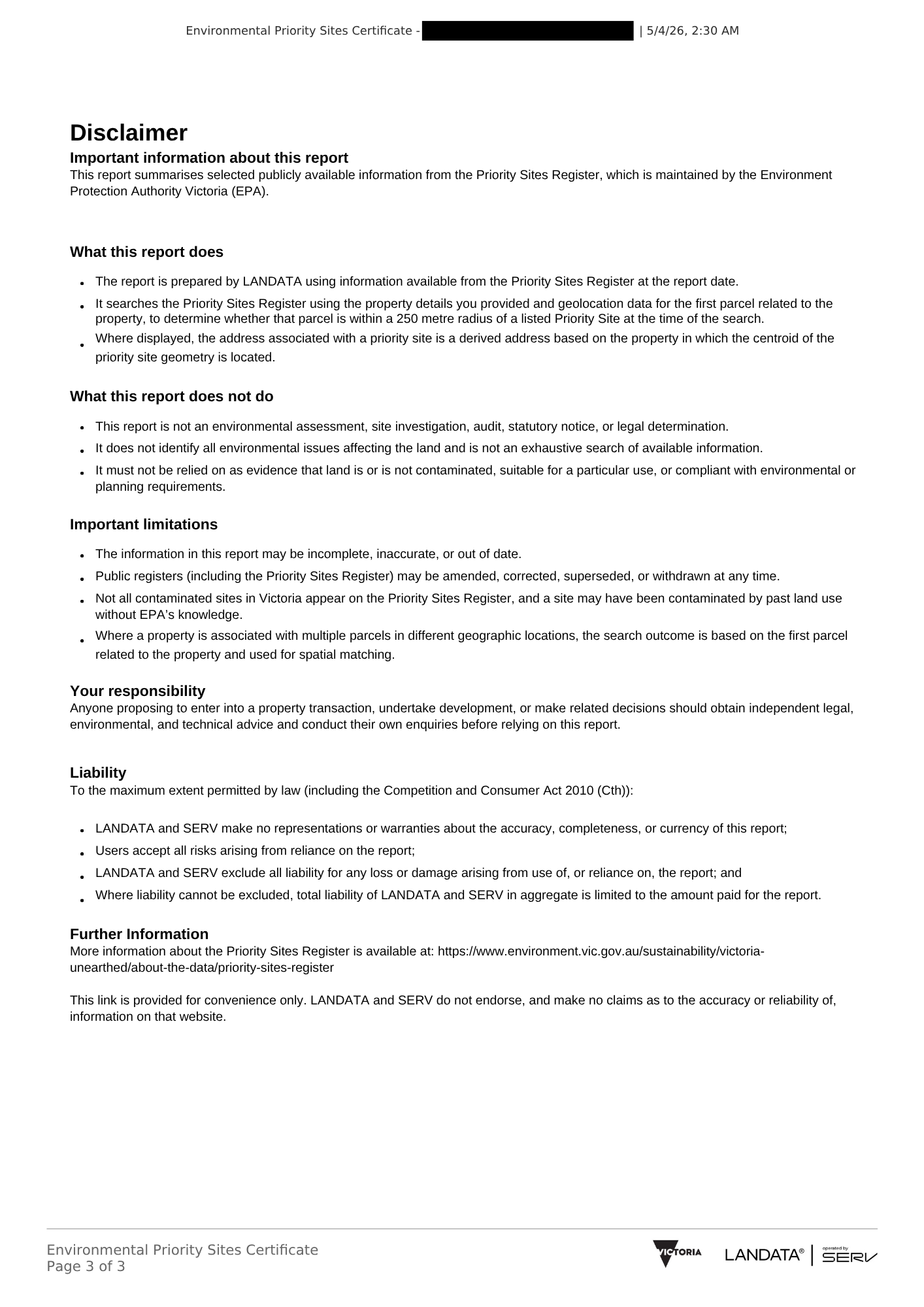 Environmental Priority Sites Certificate disclaimer