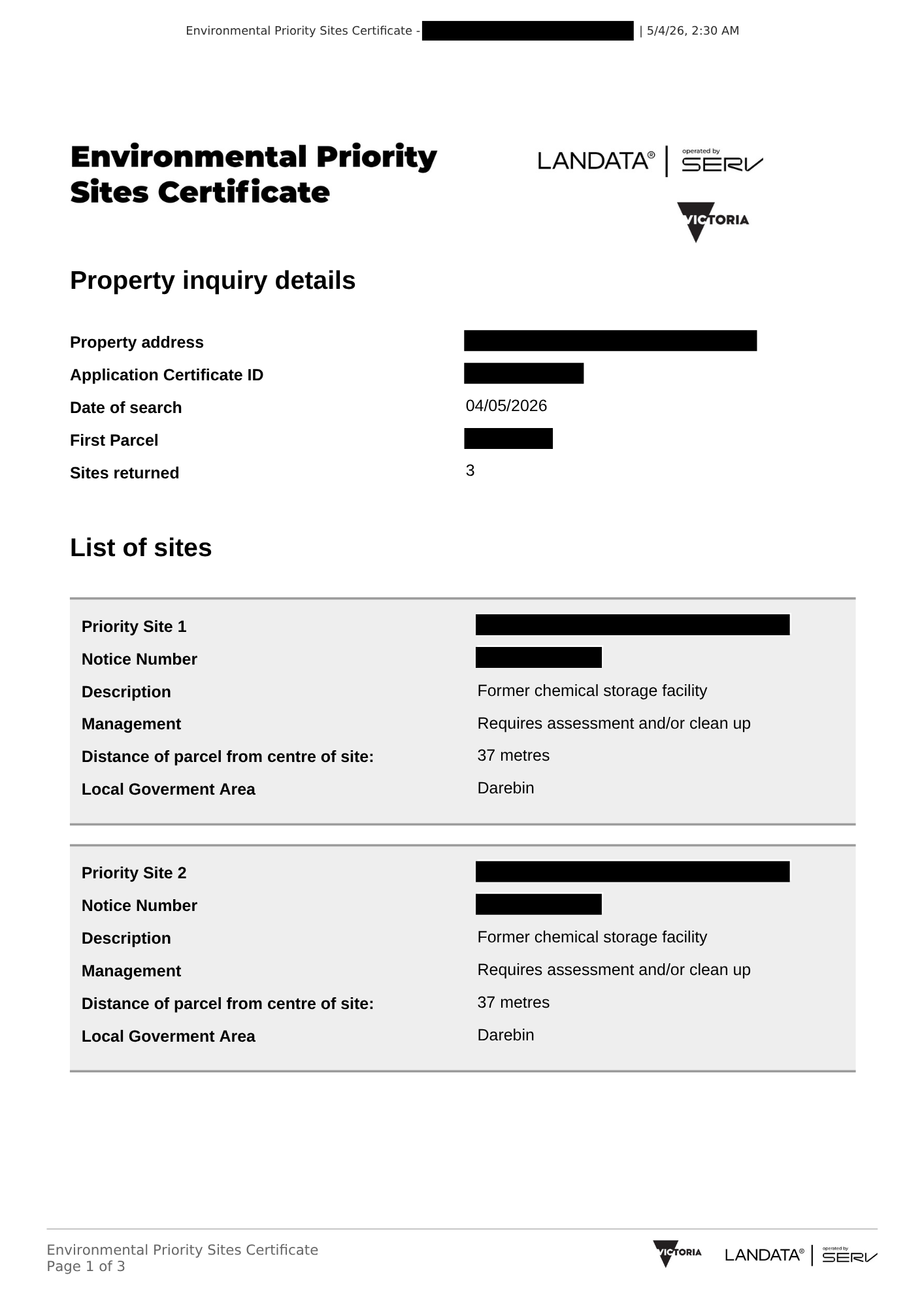 Example of an Environmental Priority Sites Certificate showing identified priority sites within 250km radius page 1