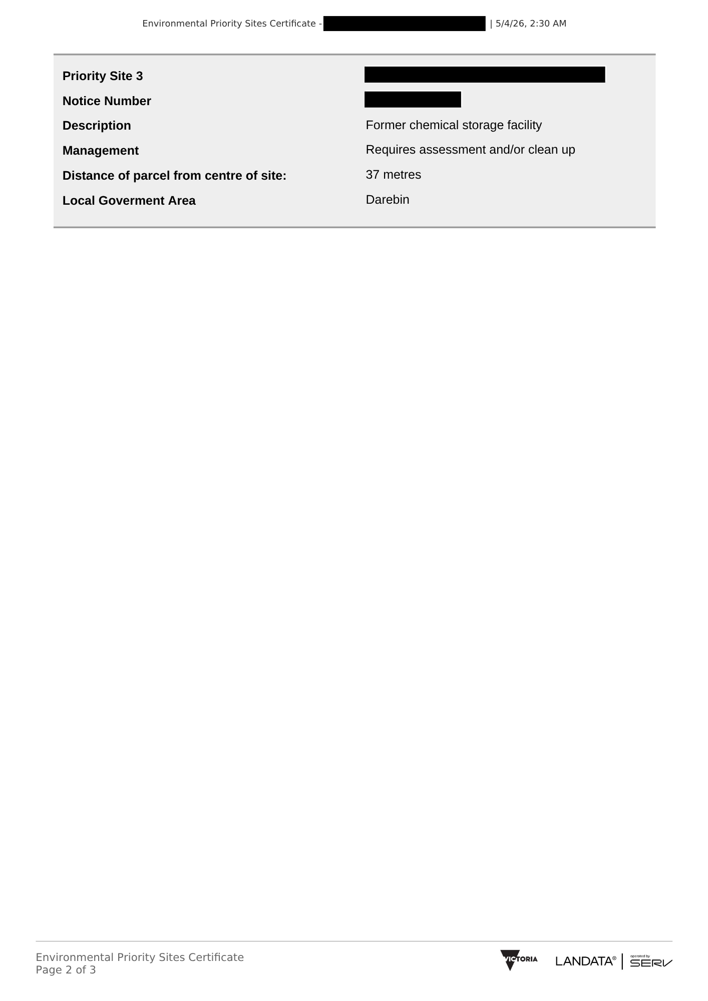 Example of an Environmental Priority Sites Certificate showing identified priority sites page 2