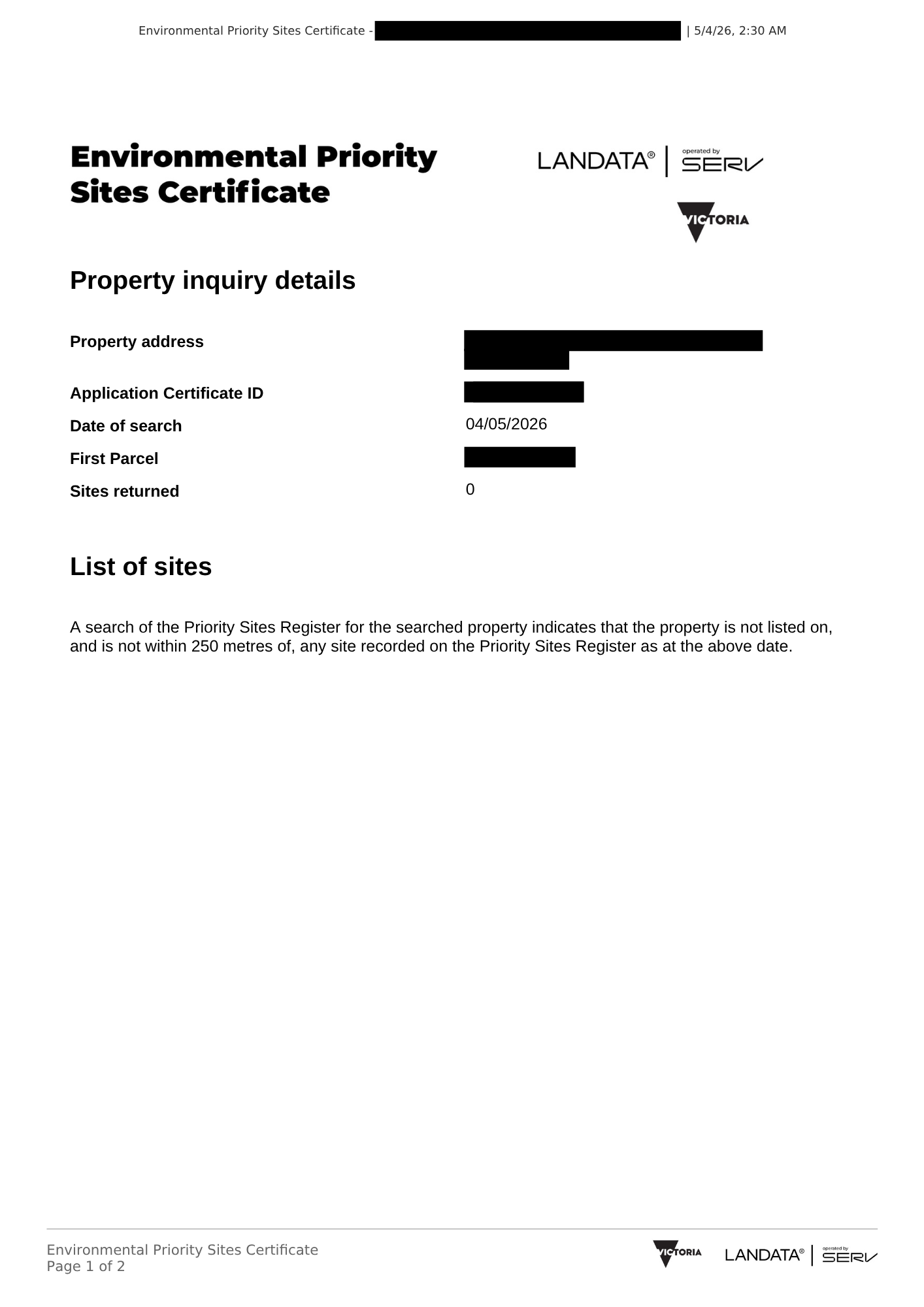 Example of an Environmental Priority Sites Certificate showing no identified priority sites page 1